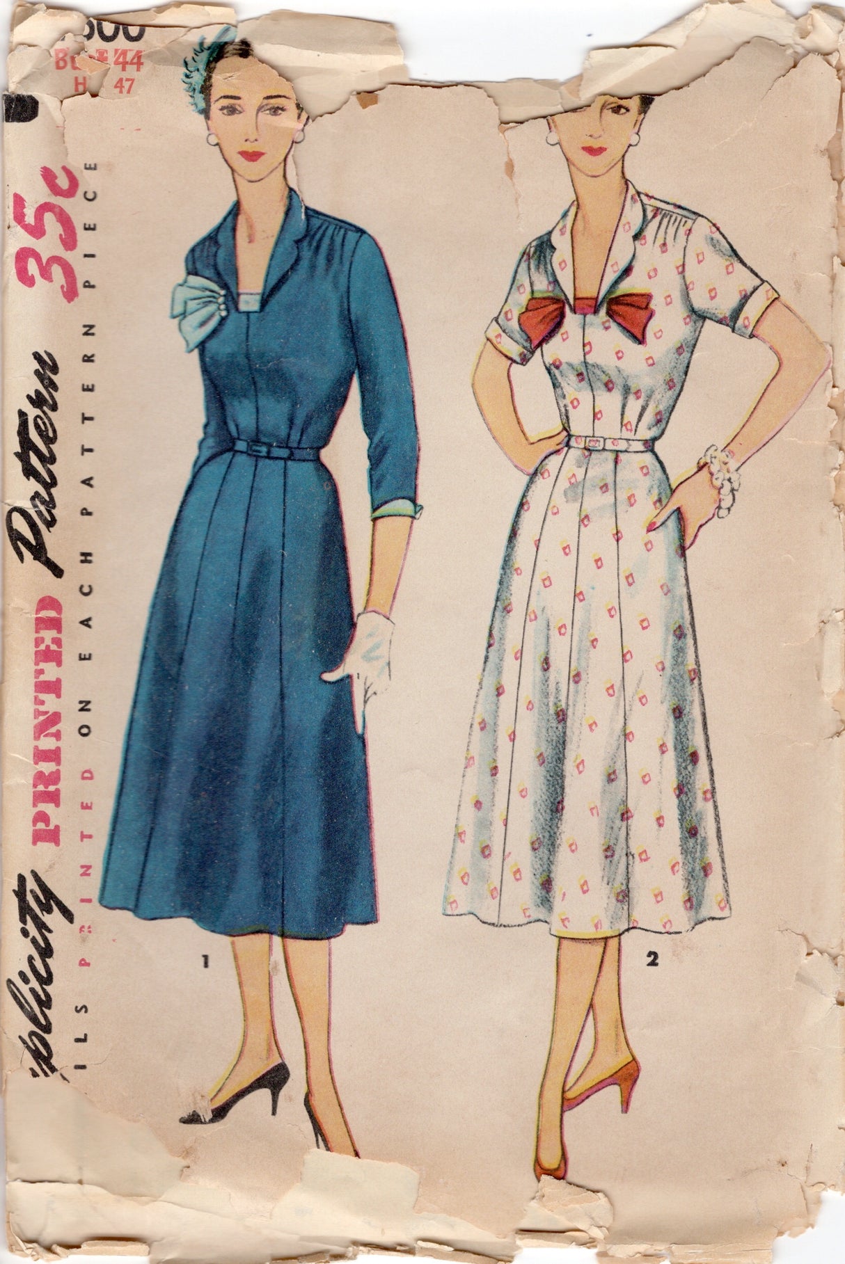 1950's Simplicity One Piece Dress Pattern with Contrasting Trim - Bust 44" - No. 4600