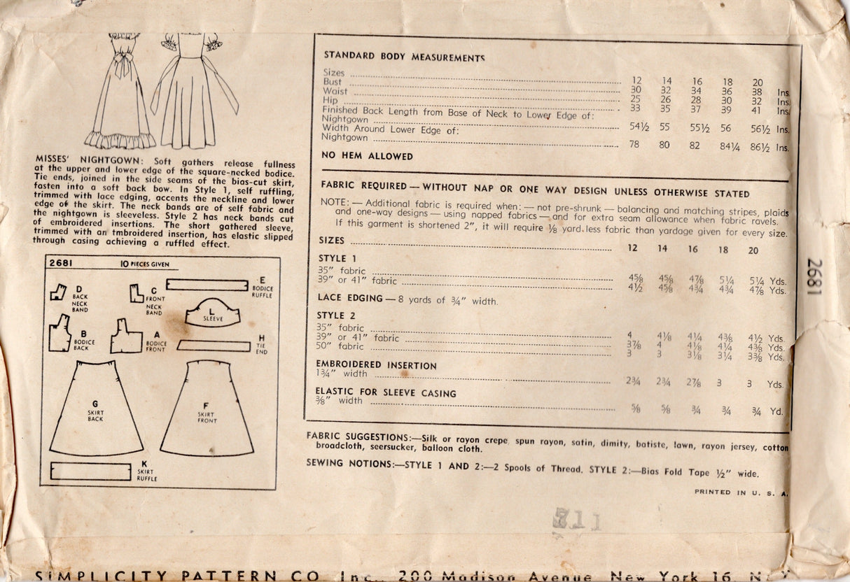 1940's Simplicity Bias Skirt Nightgown Pattern with Puff Sleeves and optional Ruffle - Bust 32" - No. 2681