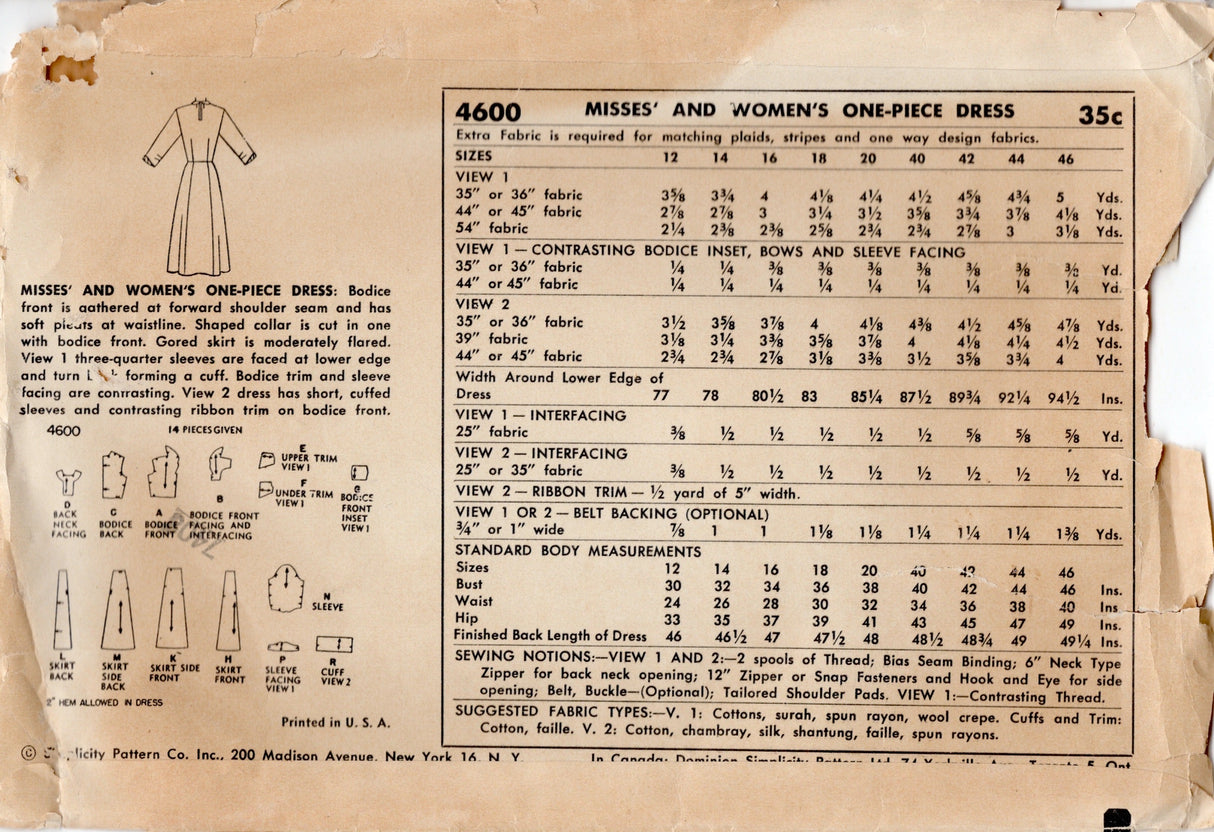 1950's Simplicity One Piece Dress Pattern with Contrasting Trim - Bust 44" - No. 4600