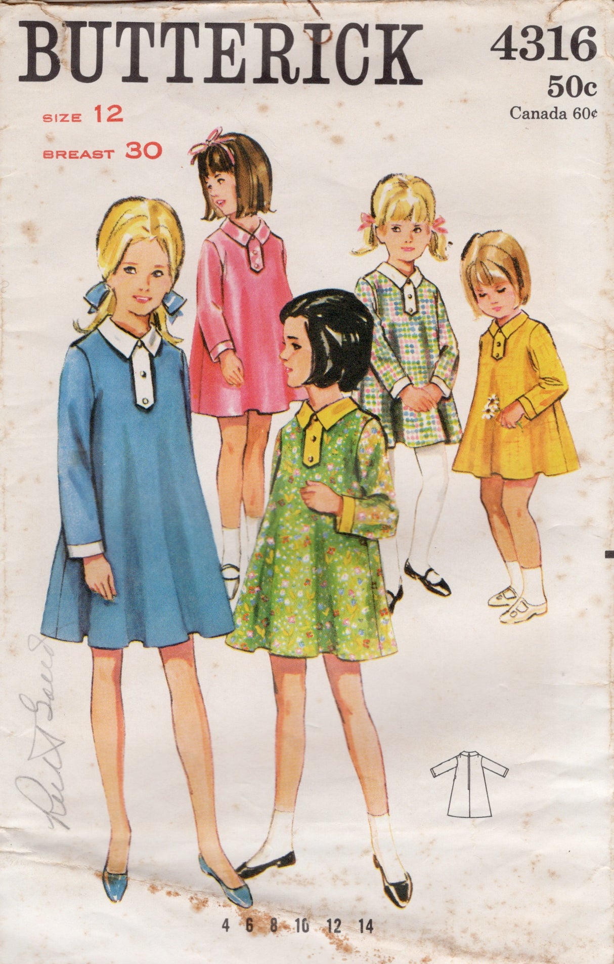 1960's Butterick Child's Collared Shift Dress Pattern - Chest 30" - No. 4316