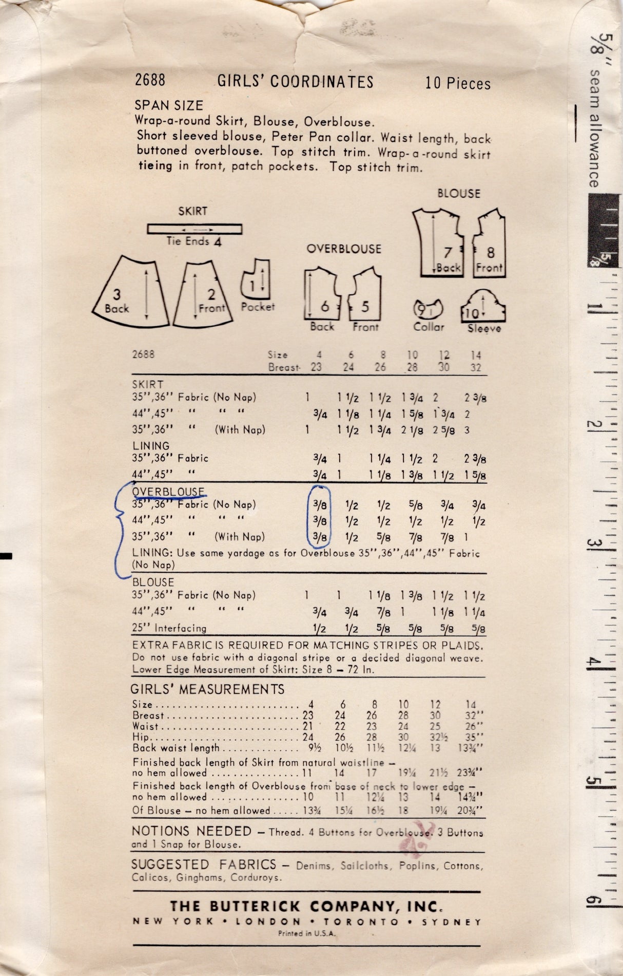 1960's Butterick Child's Button Up Shirt, Overblouse and Wrap Skirt Pattern - Chest 23-26" - No. 2688