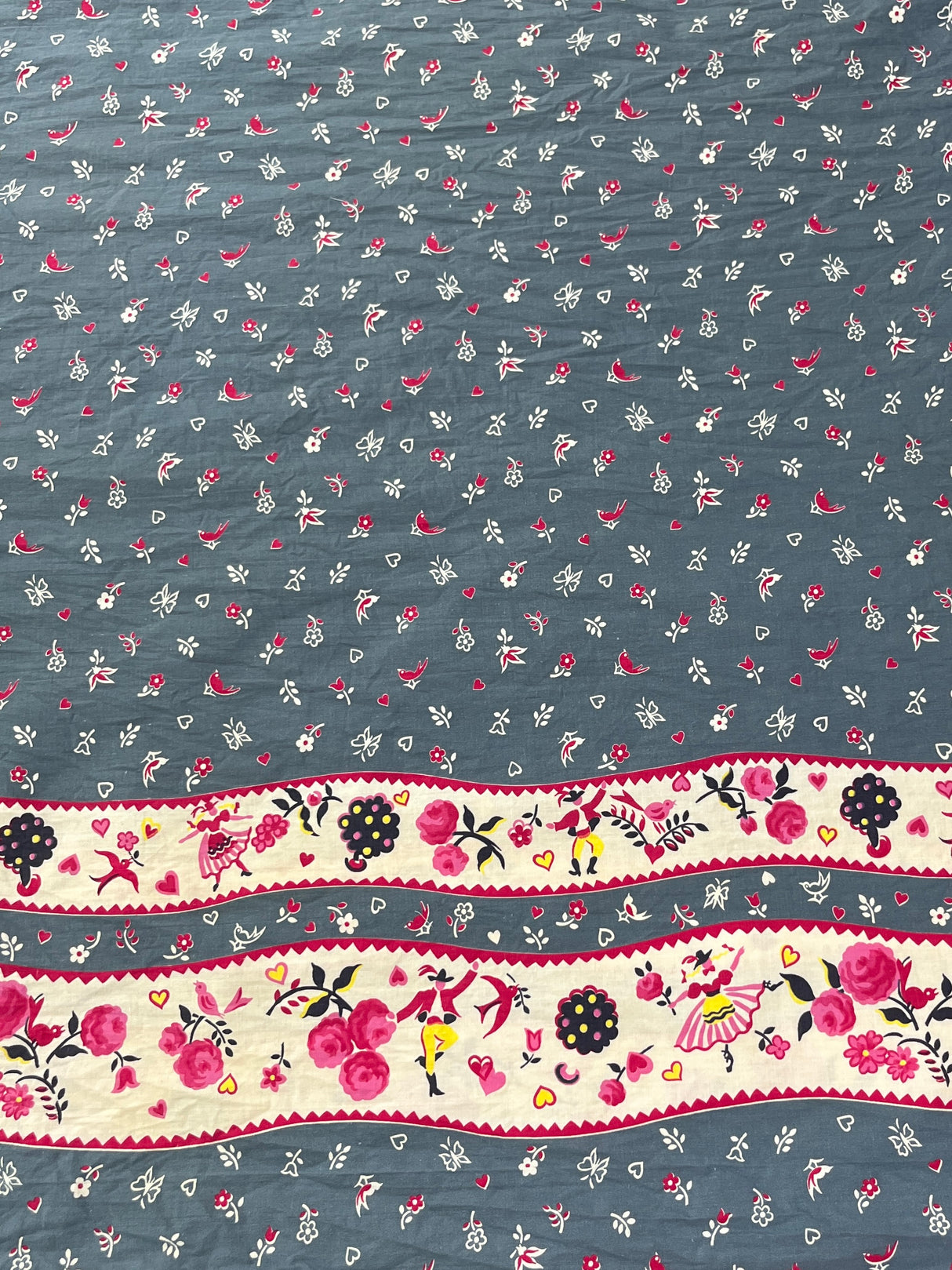 1950’s Dusty Blue with Dancers and Roses Border Print Cotton Fabric - (P209)