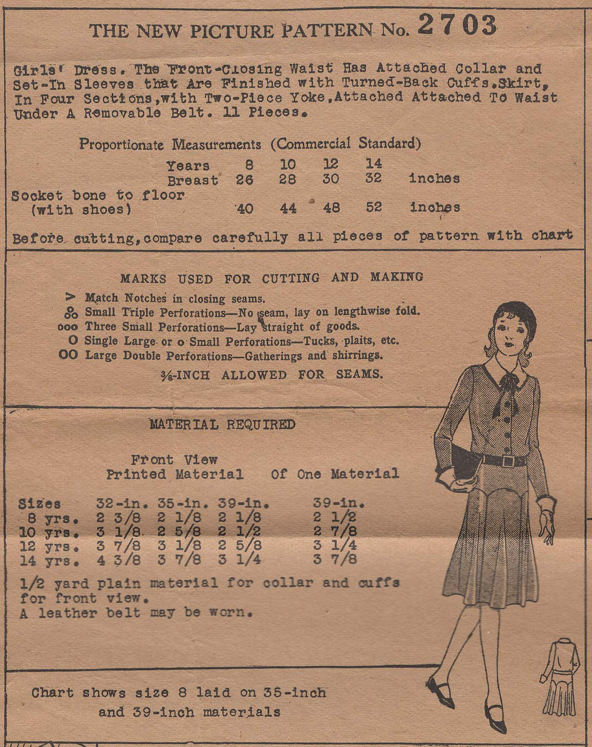 1930's Mail Order Child’s Dress Pattern – Chest 28” - No. 2703