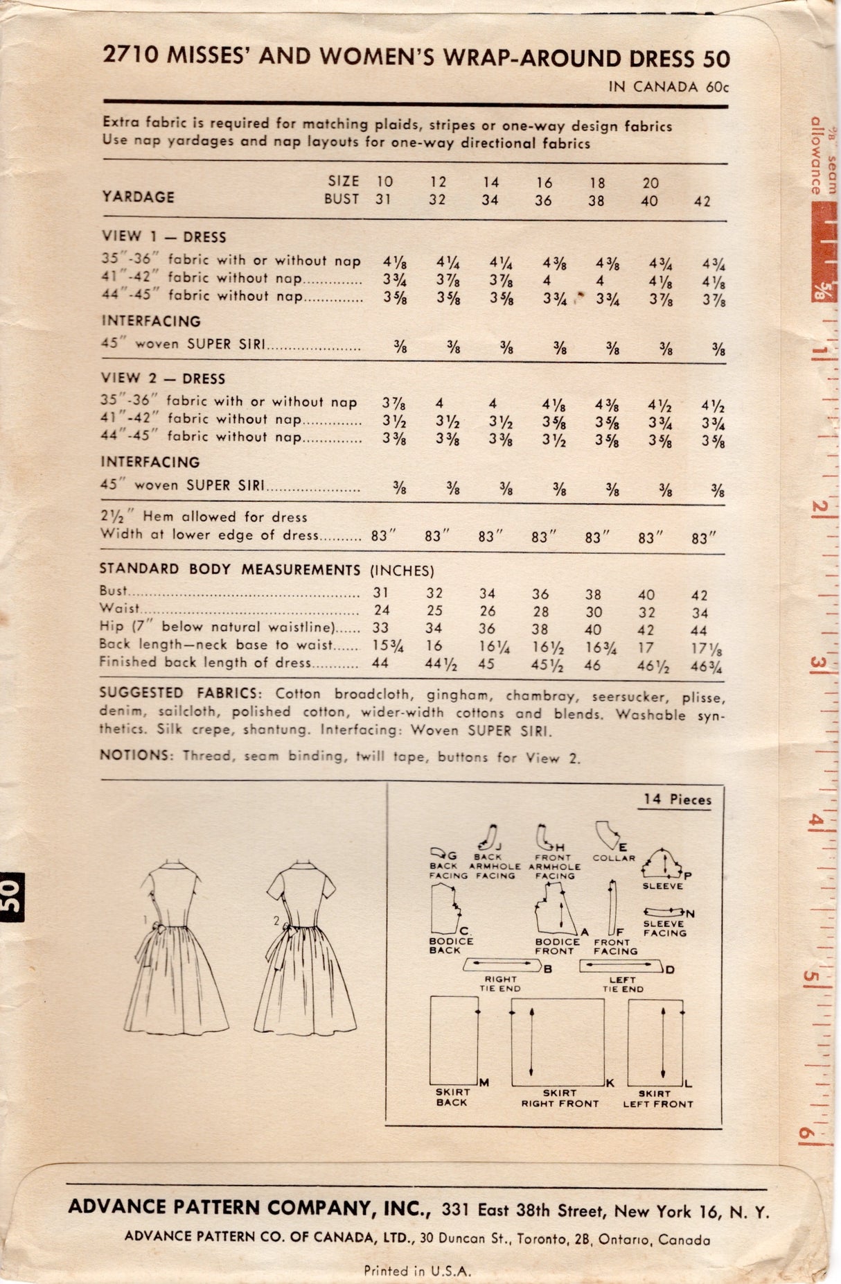 1960’s Advance Wrap Fit and Flare Dress Pattern - Bust 36” - No. 2710