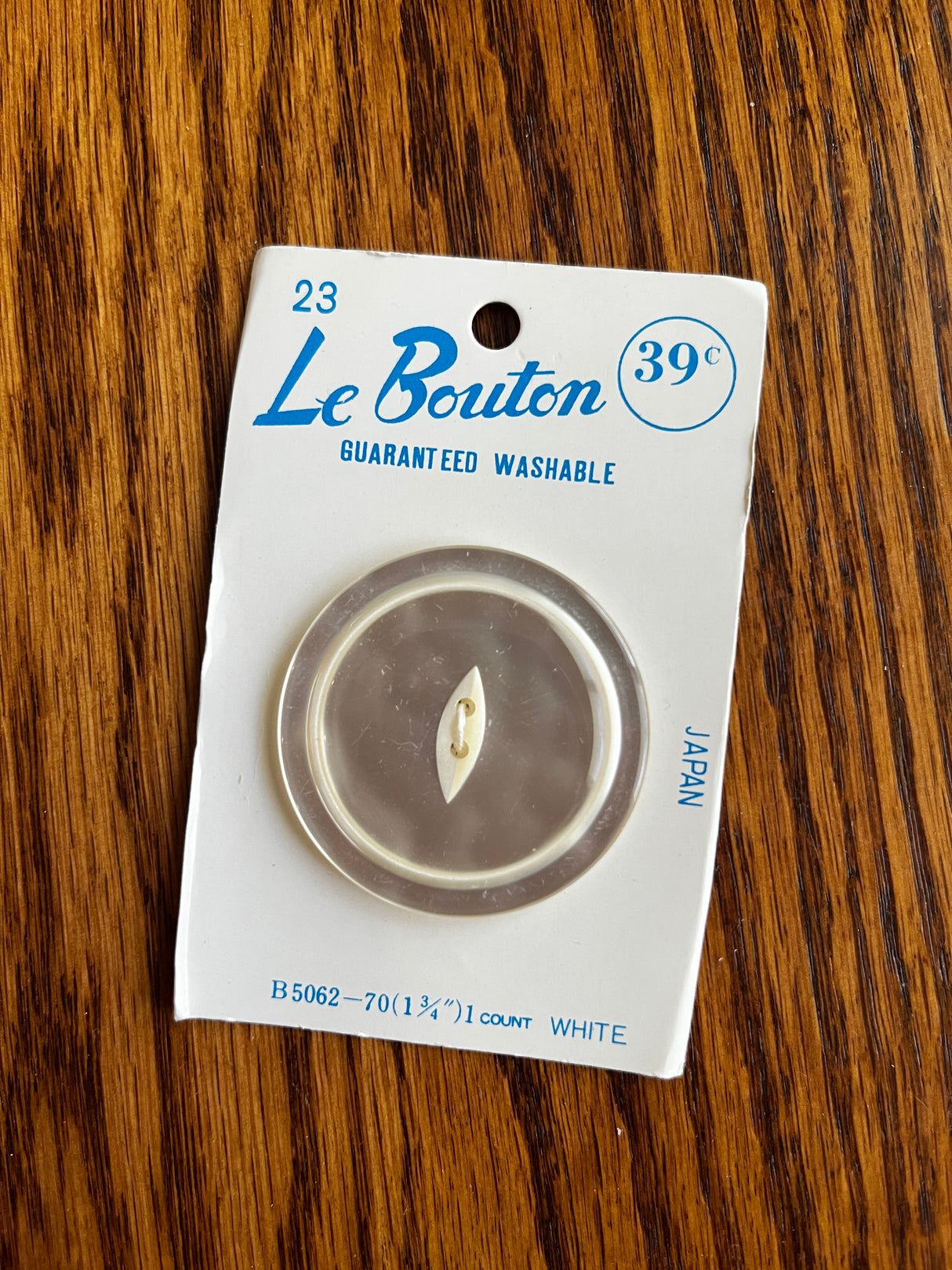 1980’s Le Bouton Large White Plastic Button - Set of 1 - 1 3/4” - on card