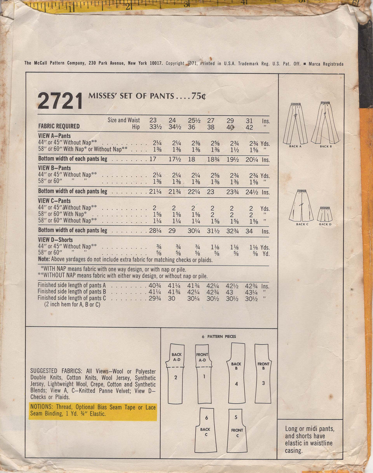 1970's McCall's Set of Pants - Waist 29" - No. 2721