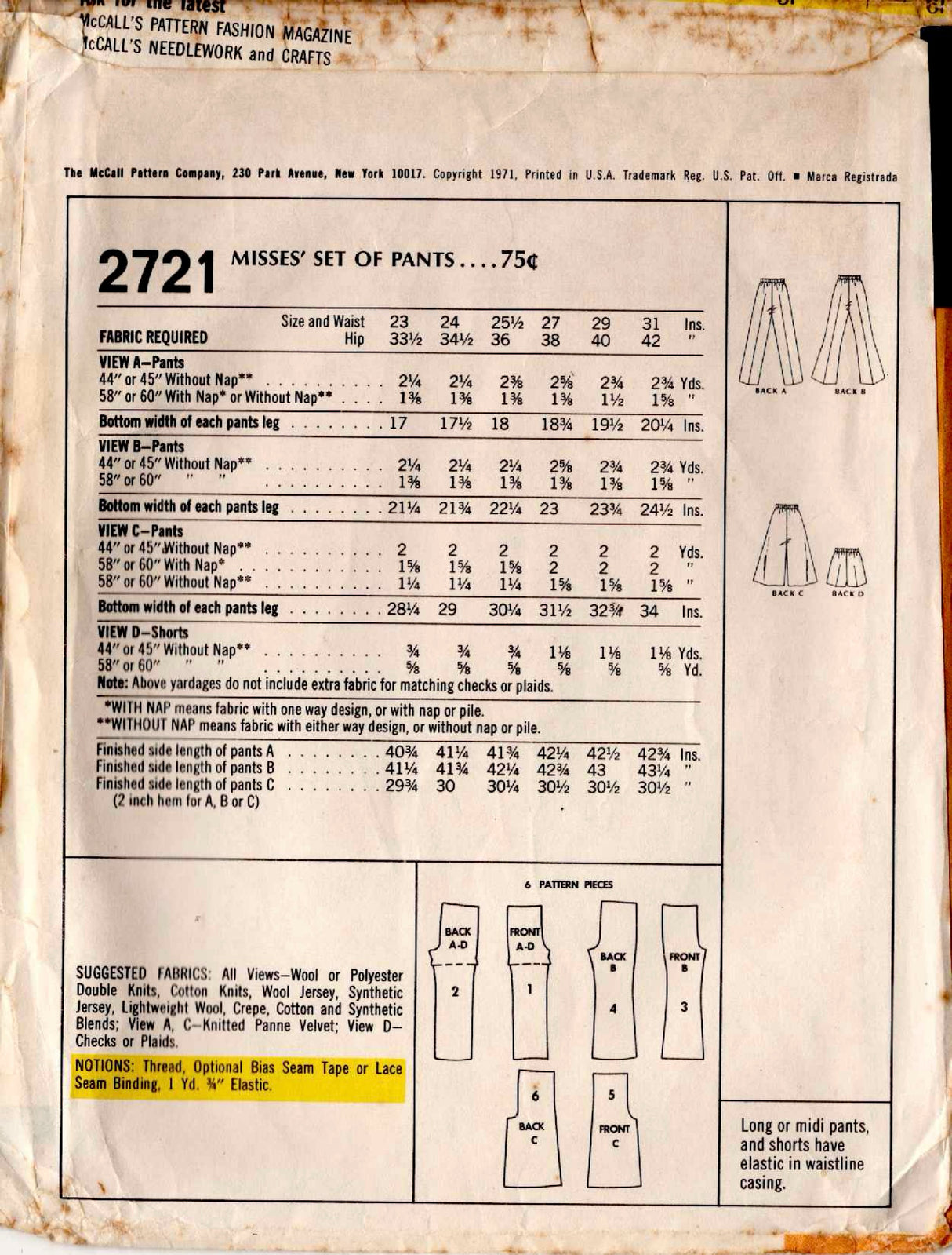 1970's McCall's Set of Pants Pattern - Waist 25.5" - No. 2721