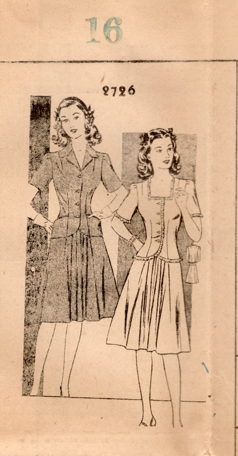 1940's Mail Order Two Piece Dress Pattern with Collar or Square Neckline - Bust 34" - No. 2726