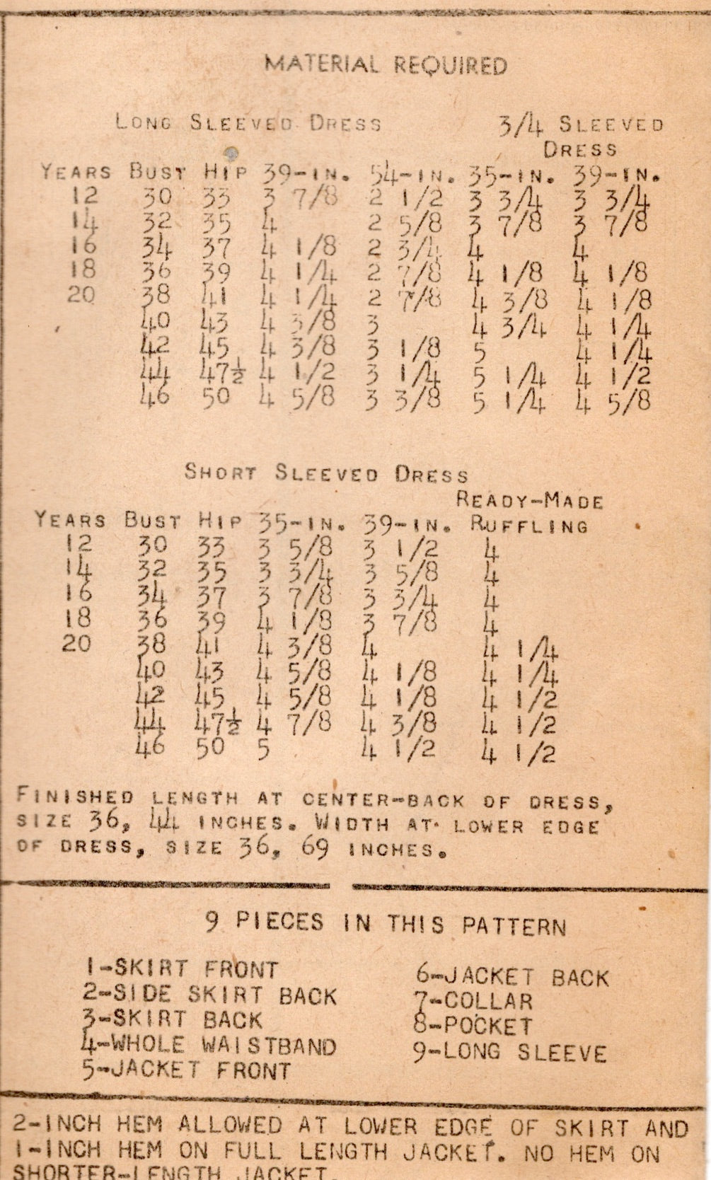 1940's Mail Order Two Piece Dress Pattern with Collar or Square Neckline - Bust 34" - No. 2726