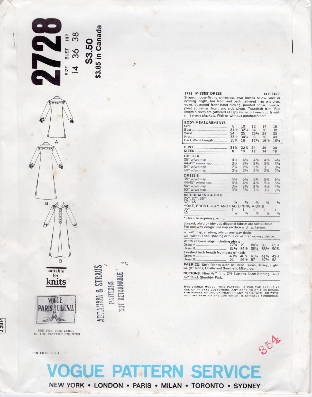 1970's Vogue Paris Original by Yves Saint Laurent Half-Button Yoked Shirt Dress - Bust 36" - No. 2728