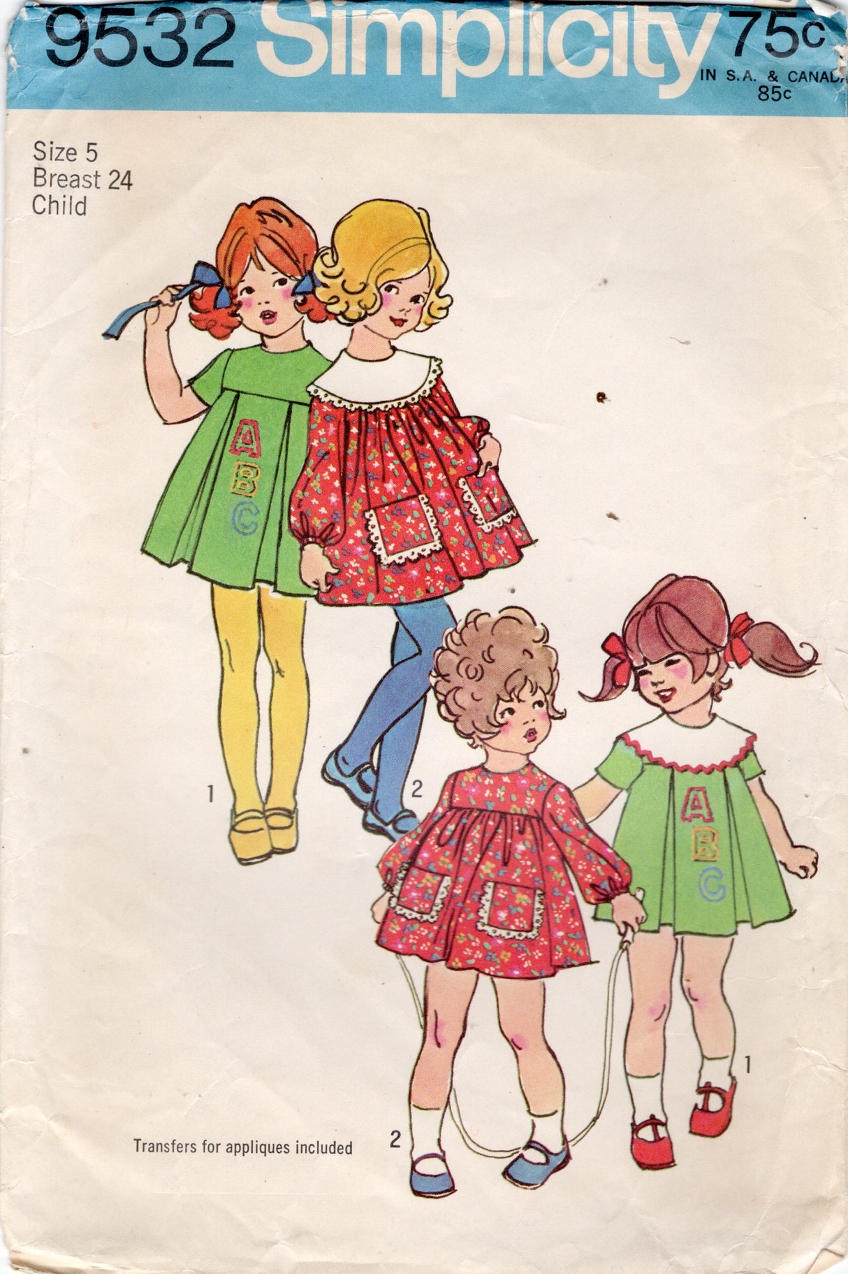1970's Simplicity Child's Yoked Dress Pattern with transfers - 5 yrs - Chest 24" - No. 9532