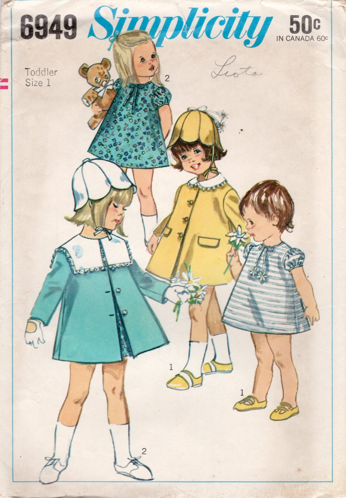 1960's Simplicity Child's Dress, Hat and Coat with Detachable Collars - 1 yrs - Chest 20" - No. 6949