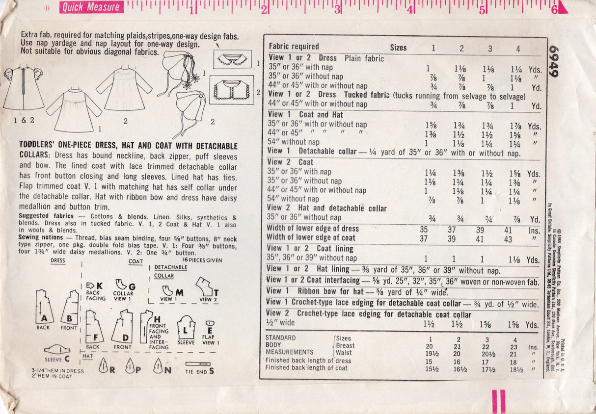 1960's Simplicity Child's Dress, Hat and Coat with Detachable Collars - 1 yrs - Chest 20" - No. 6949