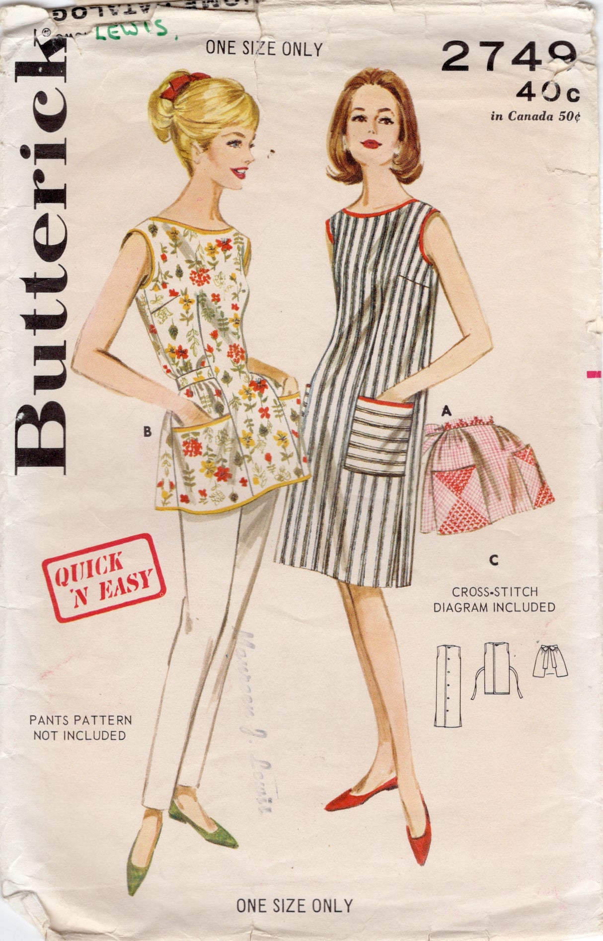1960's Butterick Full Cobbler Apron or Half Apron Pattern - One Size - No. 2749