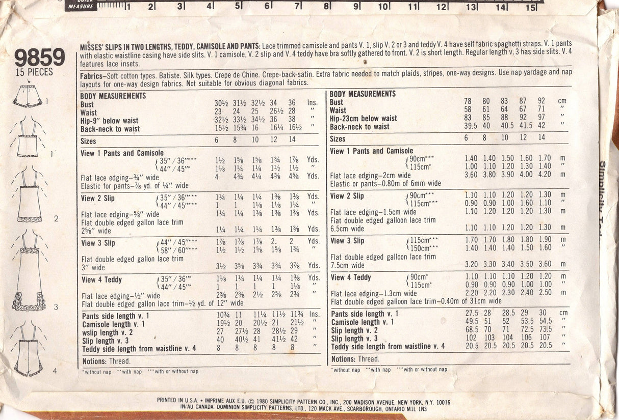 1980's Simplicity Slip in Two lengths, Tap pants and Teddy pattern - Bust 30.5-31.5" - No. 9859