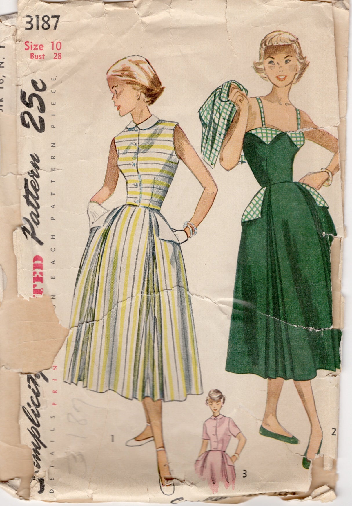 1950's Simplicity One Piece Dress with Flap Accent and Jacket - Bust 28" - No. 3187