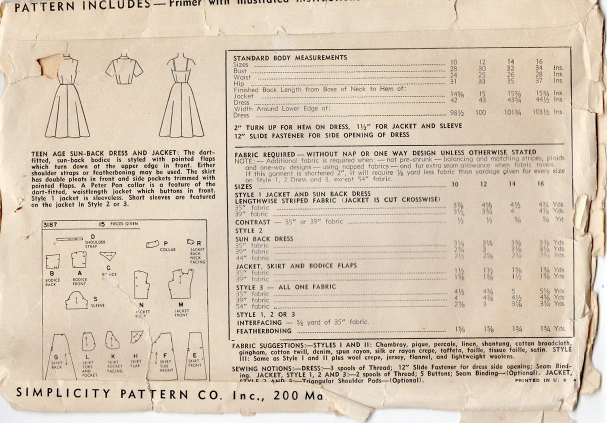 1950's Simplicity One Piece Dress with Flap Accent and Jacket - Bust 28" - No. 3187