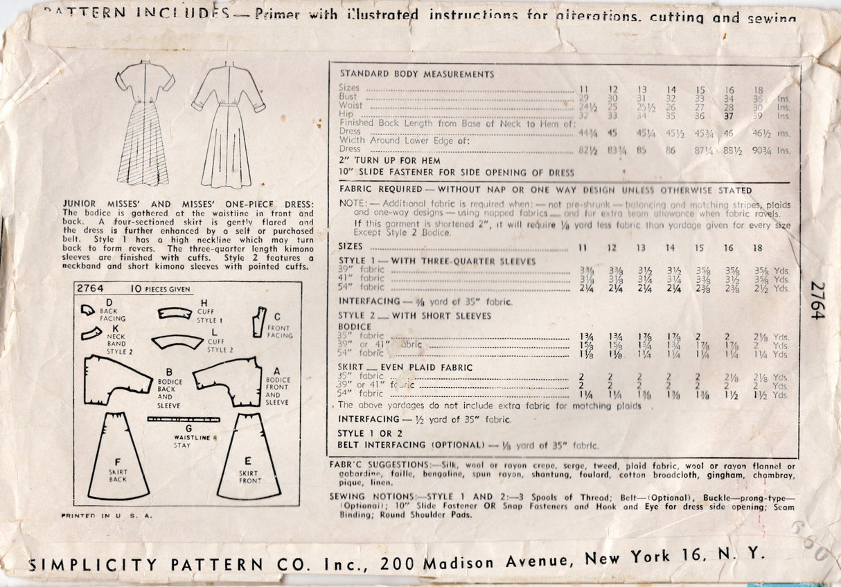 1940's Simplicity One Piece Dress Pattern with Slit Neckline - Bust 33" - No. 2764