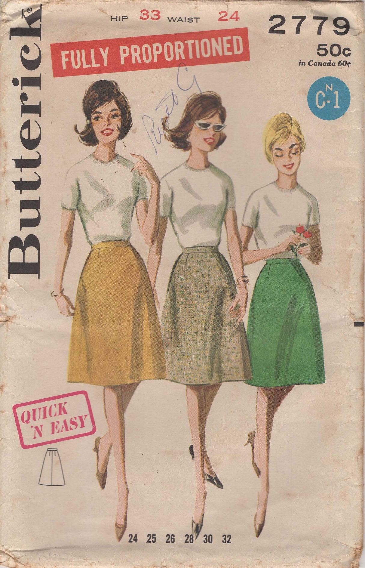 1960’s Butterick A Line Skirt Pattern - Waist 24" - No. 2779