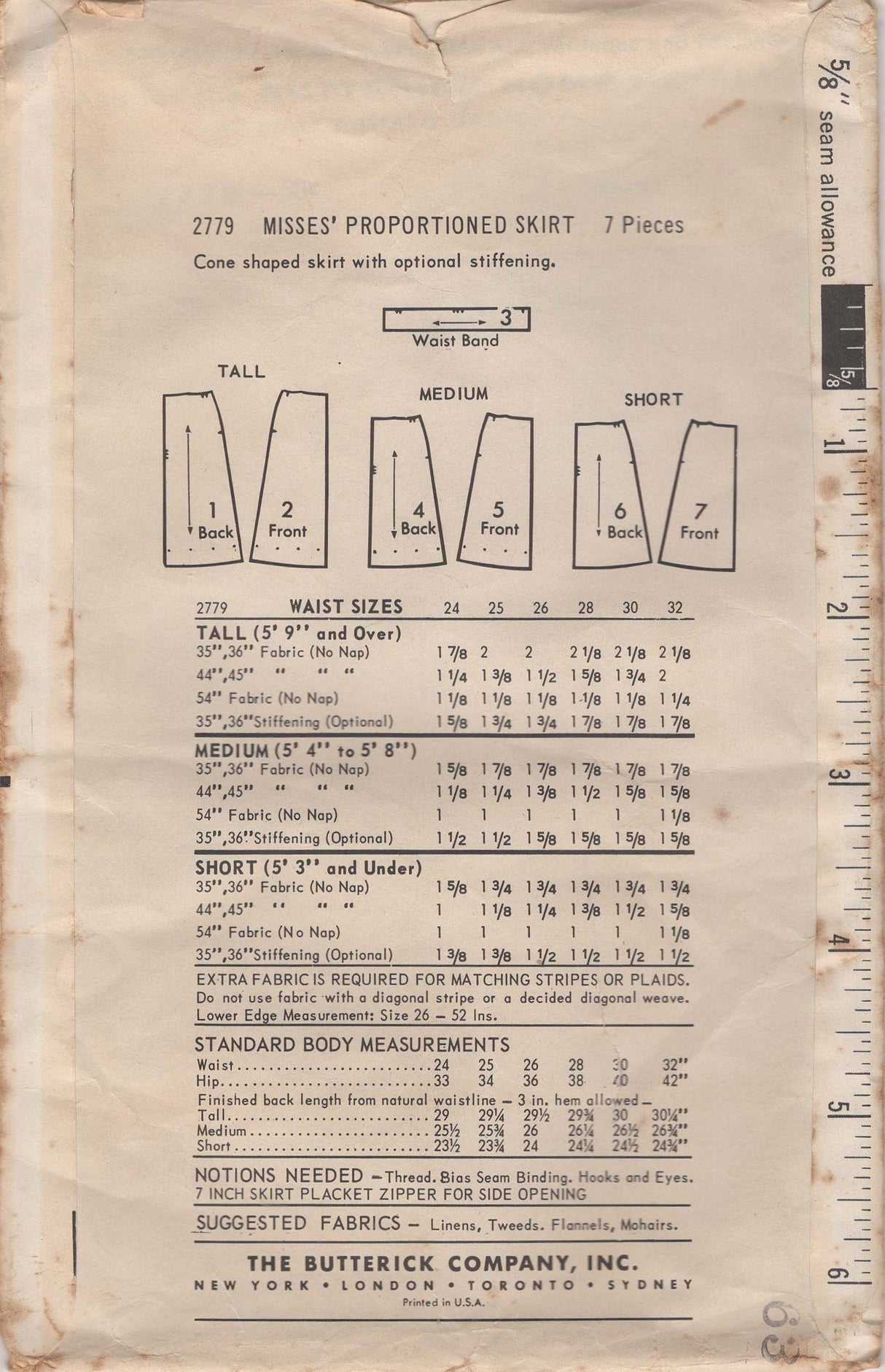 1960’s Butterick A Line Skirt Pattern - Waist 24" - No. 2779