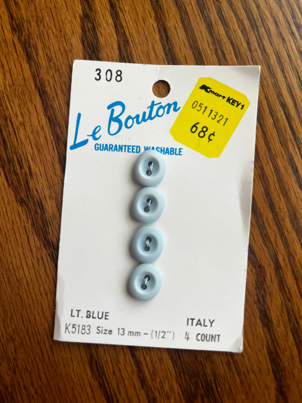1980’s Le Bouton Light Blue Oval Plastic Button - Set of 4 - 1/2” - on card