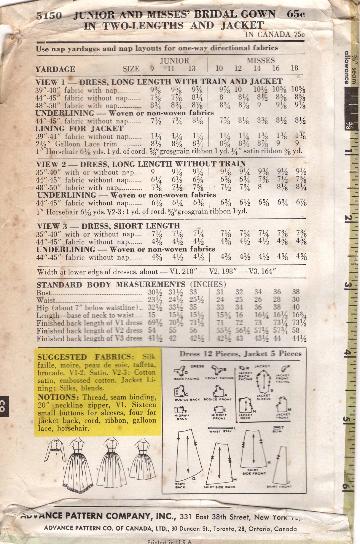 1960's Advance Fitted Waist Wedding Gown in Full length or Tea Length - Bust 33" - No. 3150