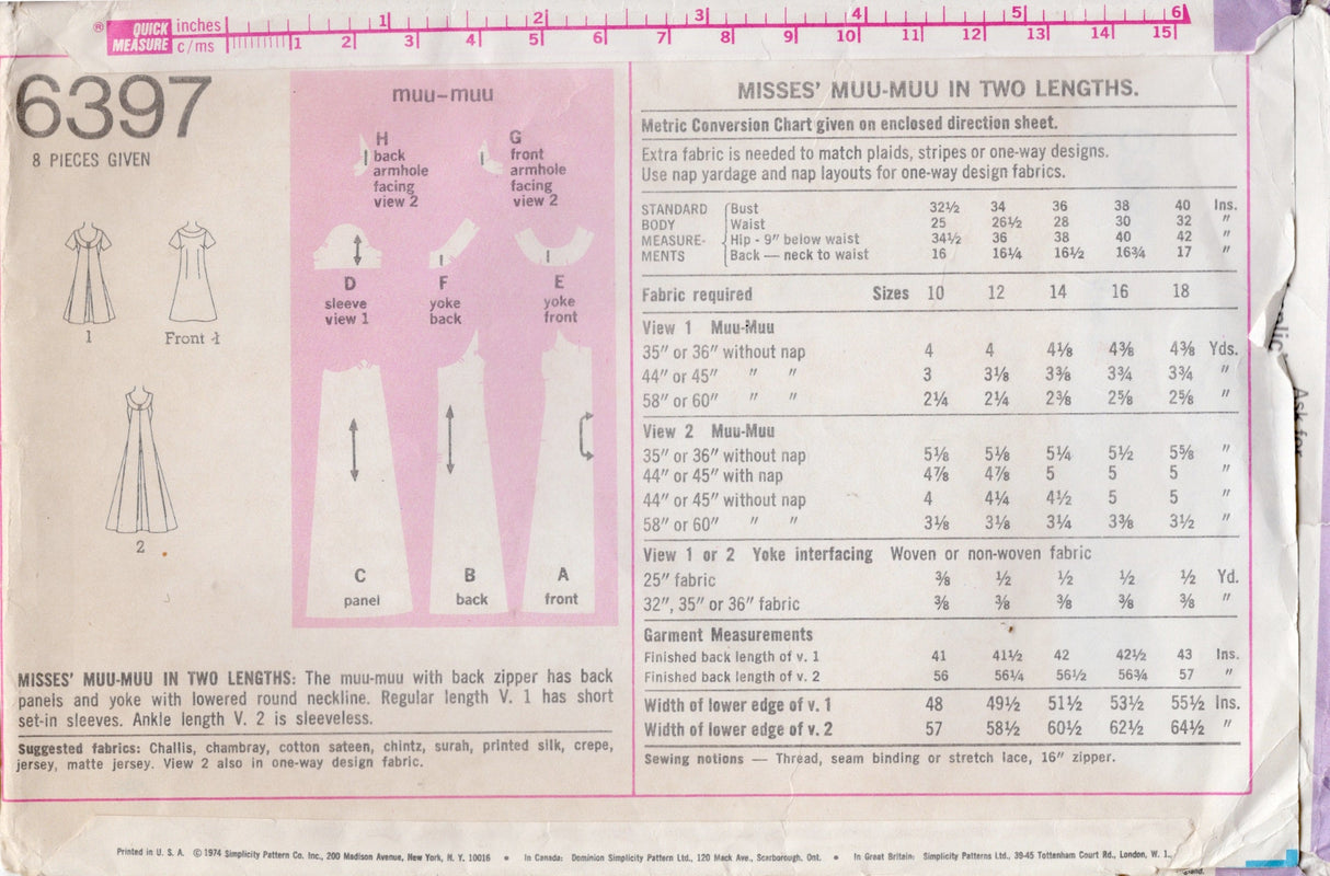 1970's Simplicity Muu-muu Pattern - Bust 38" - No. 6397