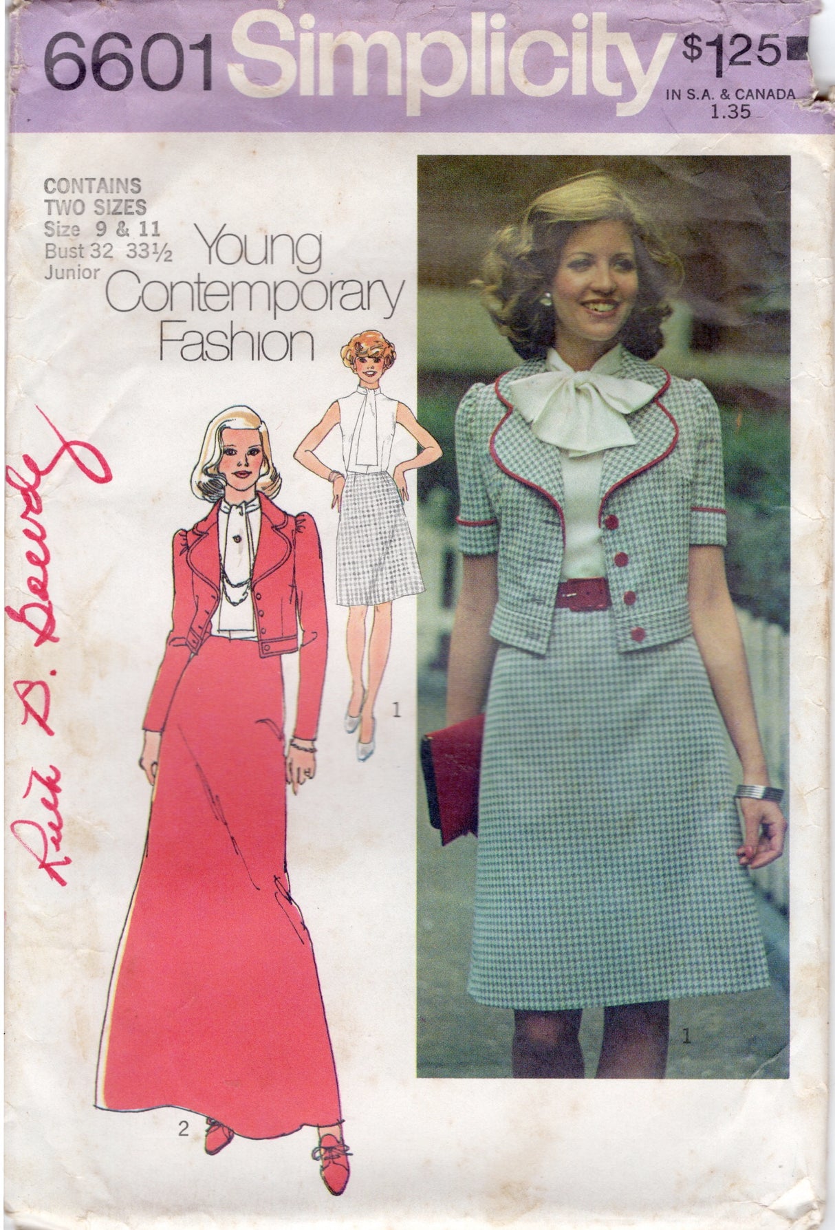 1970's Simplicity Unlined Jacket, and Dress pattern in Two Lengths - Bust 32-33.5" - No. 6601