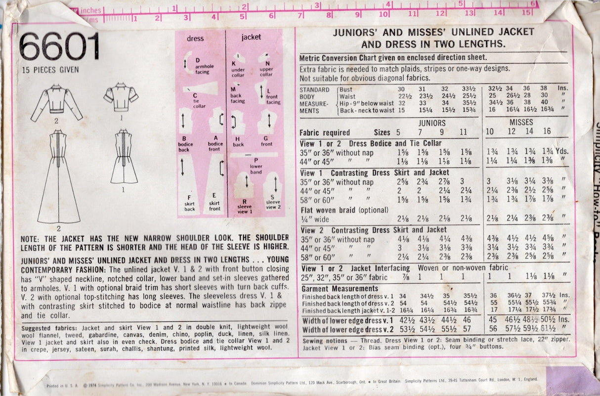1970's Simplicity Unlined Jacket, and Dress pattern in Two Lengths - Bust 32-33.5" - No. 6601