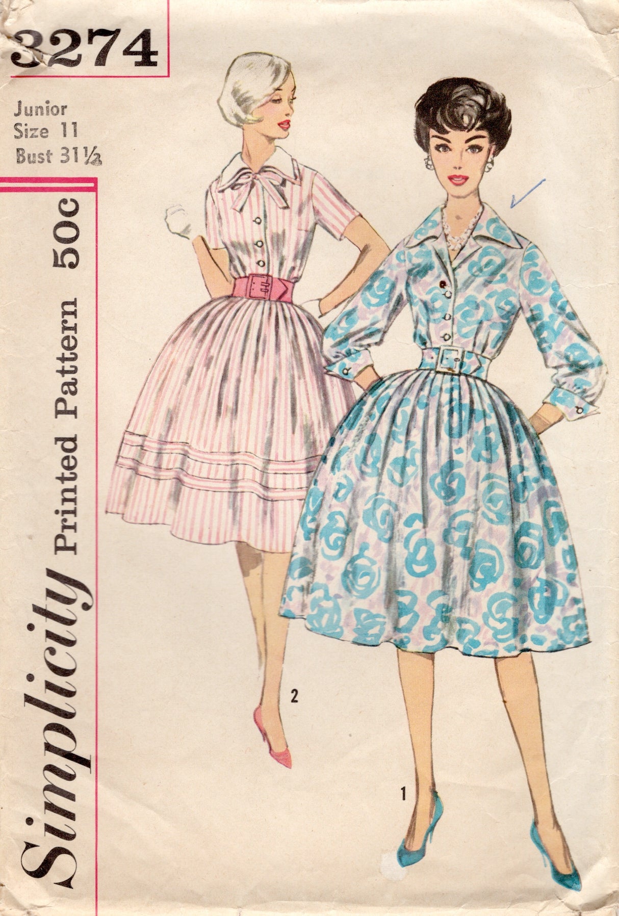 1950's Simplicity Shirtwaist Dress Pattern with Short or 3/4 length Sleeves - Bust 31.5" - No. 3274