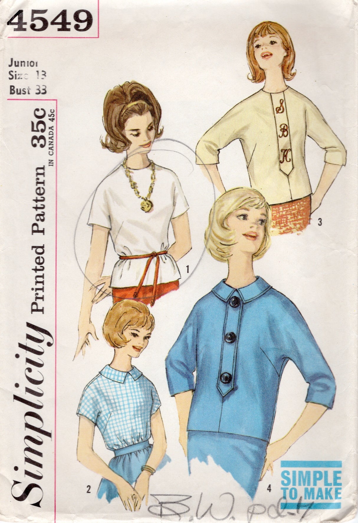 1960's Simplicity Pullover Blouse Pattern with Dolman Sleeves - Bust 33" - No. 4549