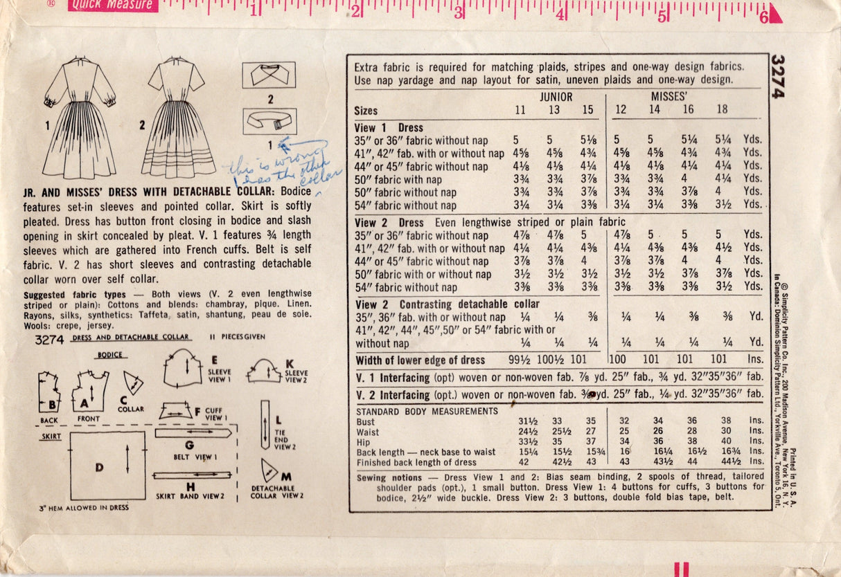 1950's Simplicity Shirtwaist Dress Pattern with Short or 3/4 length Sleeves - Bust 31.5" - No. 3274