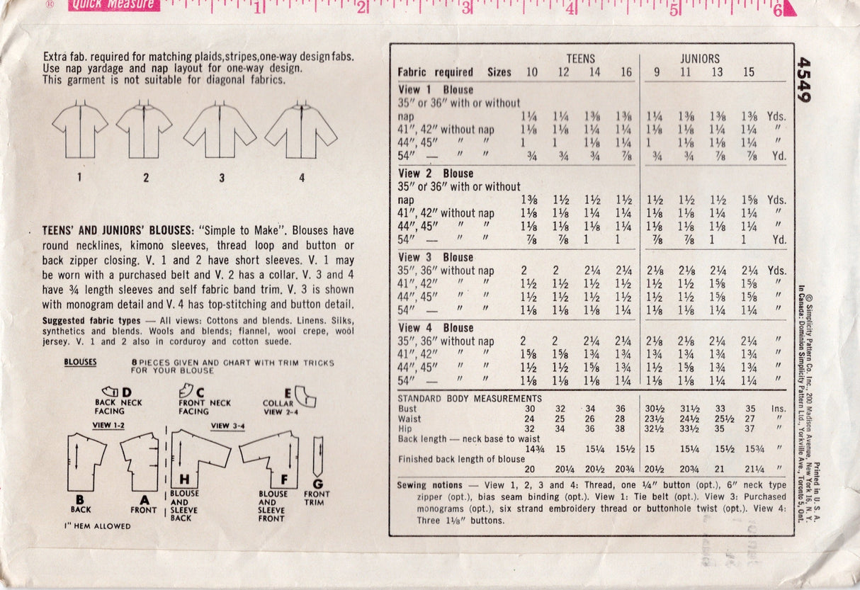 1960's Simplicity Pullover Blouse Pattern with Dolman Sleeves - Bust 33" - No. 4549