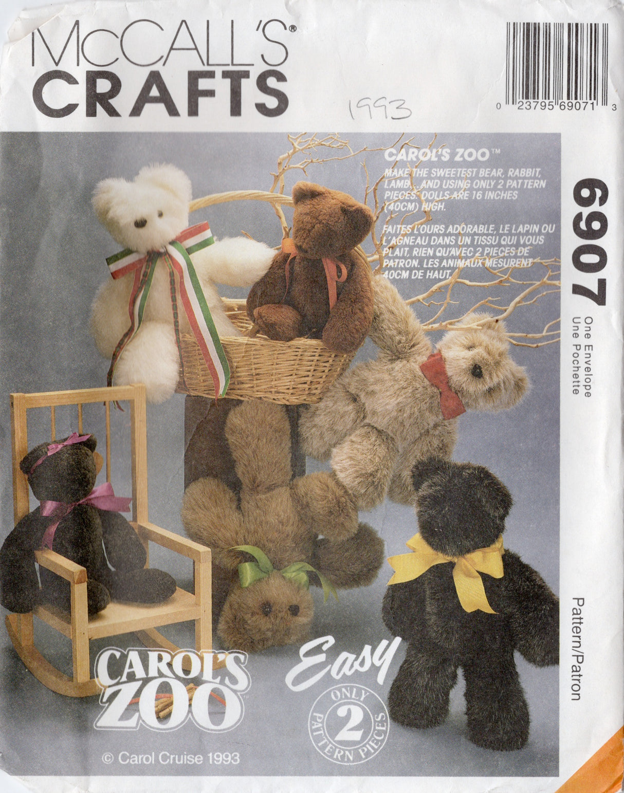 1990's McCall's Carol’s Zoo Stuffed Bear, Rabbit and Lamb Toy Pattern - No. 6907