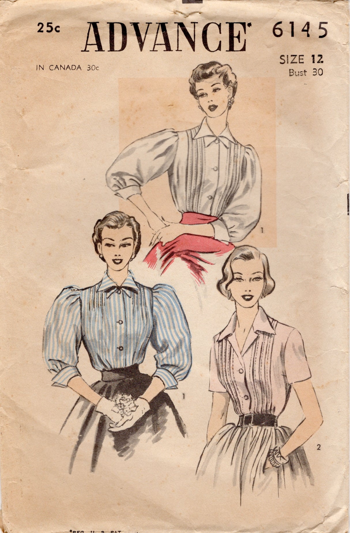 1950's Advance Button Up Blouse with Puff or Short Sleeves - Bust 30" - No. 6145