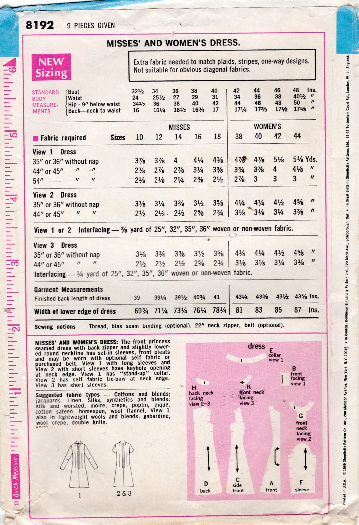 1960's Simplicity Princess Line Dress Pattern with Keyhole detail - Bust 40" - No. 8192