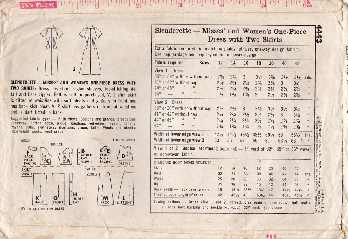 1960's Simplicity Slenderette Sheath or Fit and Flare Dress Pattern with Top Stitching detail - Bust 40" - No. 4443