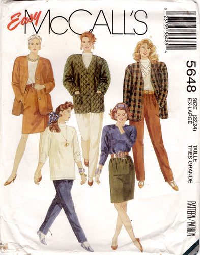 1990's McCall's Unlined Jacket, Top, Skirt and Pants pattern - Bust 44-46