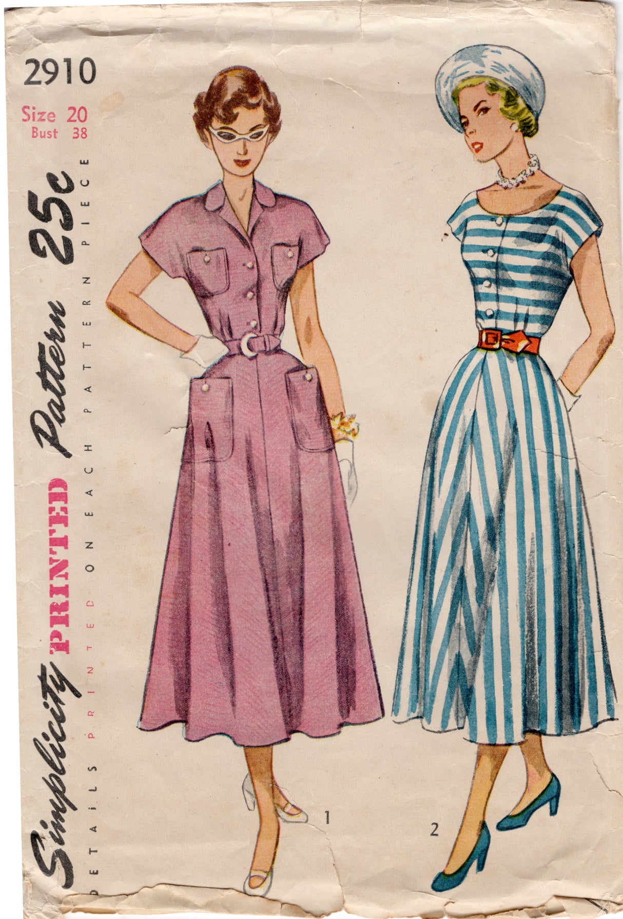 1940’s Simplicity Shirtwaist Dress Pattern with Patch Pockets - Bust 38” - No. 2910