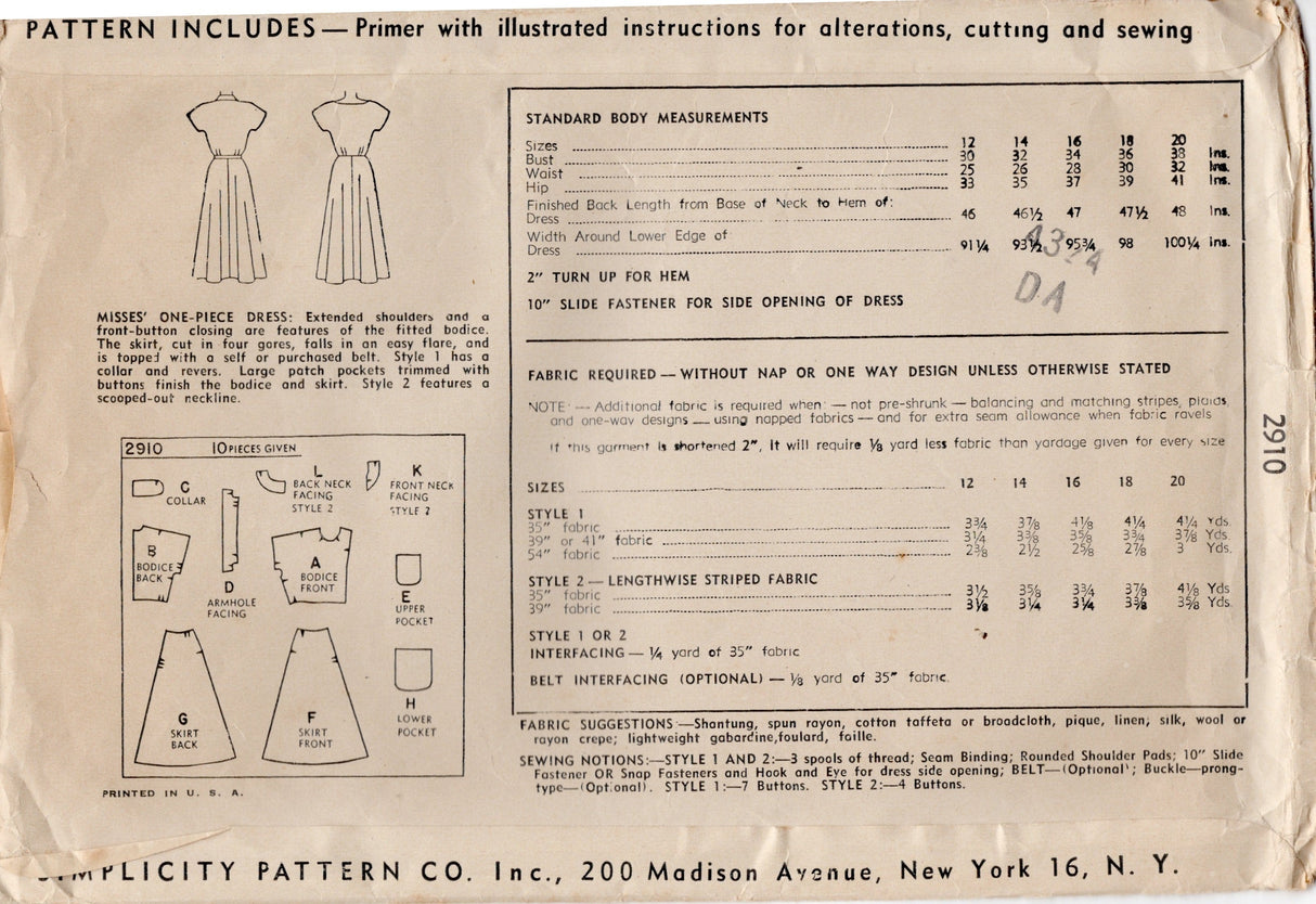 1940’s Simplicity Shirtwaist Dress Pattern with Patch Pockets - Bust 38” - No. 2910