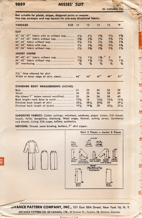 1960's Advance Suit Dress Pattern – Bust 32” - No. 9889
