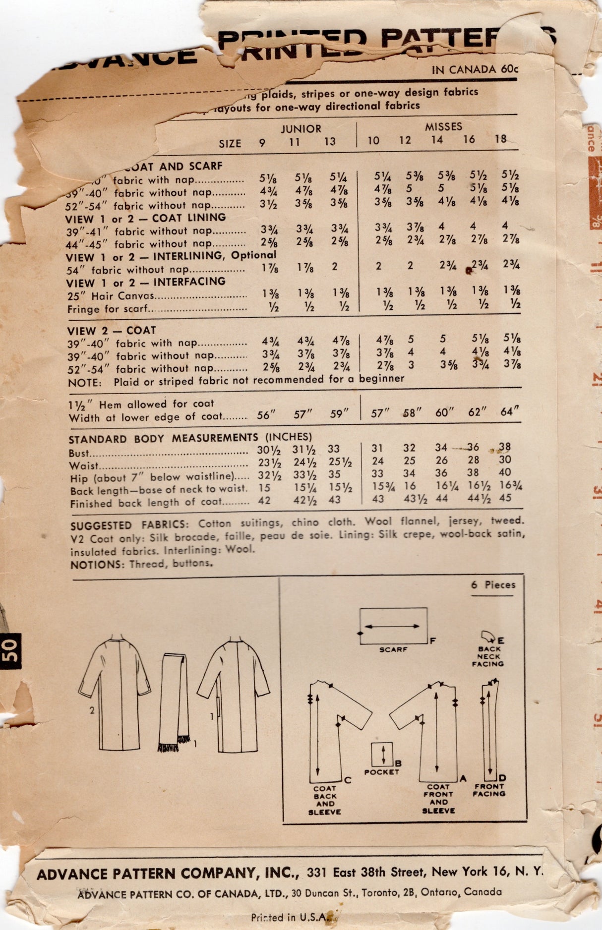 1960's Advance Coat and Scarf pattern - Bust 33" - No. 3016