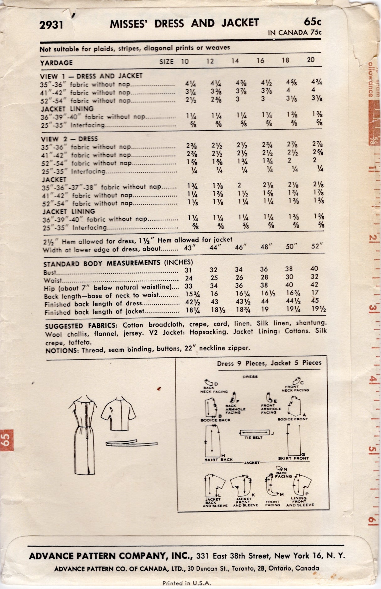 1960's Advance Sheath Dress and Bolero Jacket Pattern – Bust 34” - No. 2931