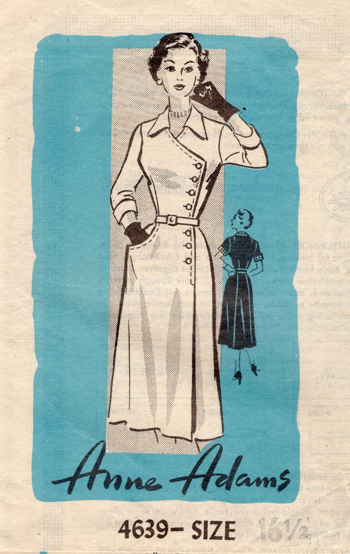 1950's Anne Adams Side Button Front Dress Pattern with One Pocket - Bust 36" - No. 4639