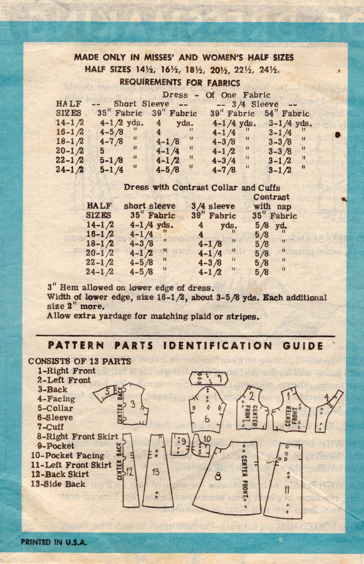 1950's Anne Adams Side Button Front Dress Pattern with One Pocket - Bust 36" - No. 4639