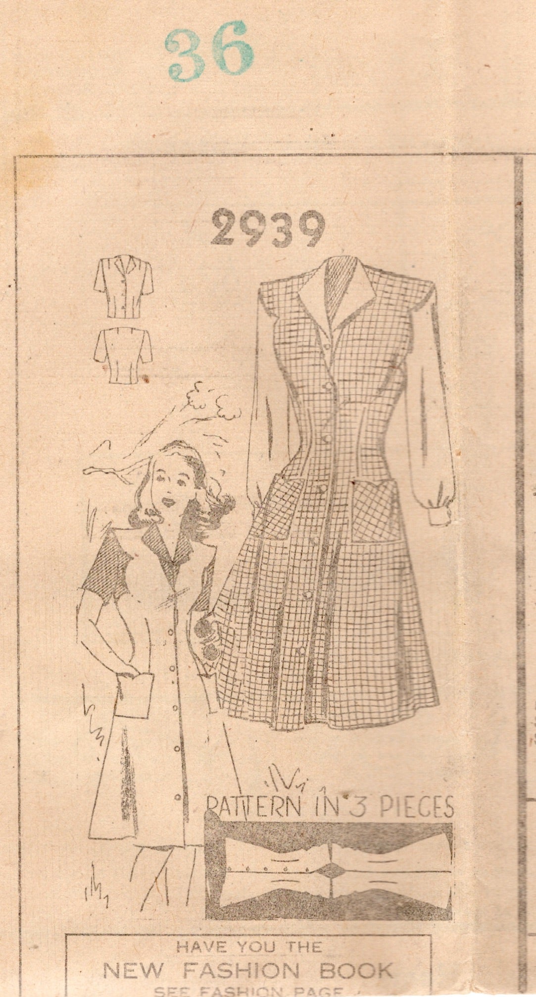 1940's Mail Order Button Up Jumper Dress and Blouse Pattern - Bust 36" - No. 2939