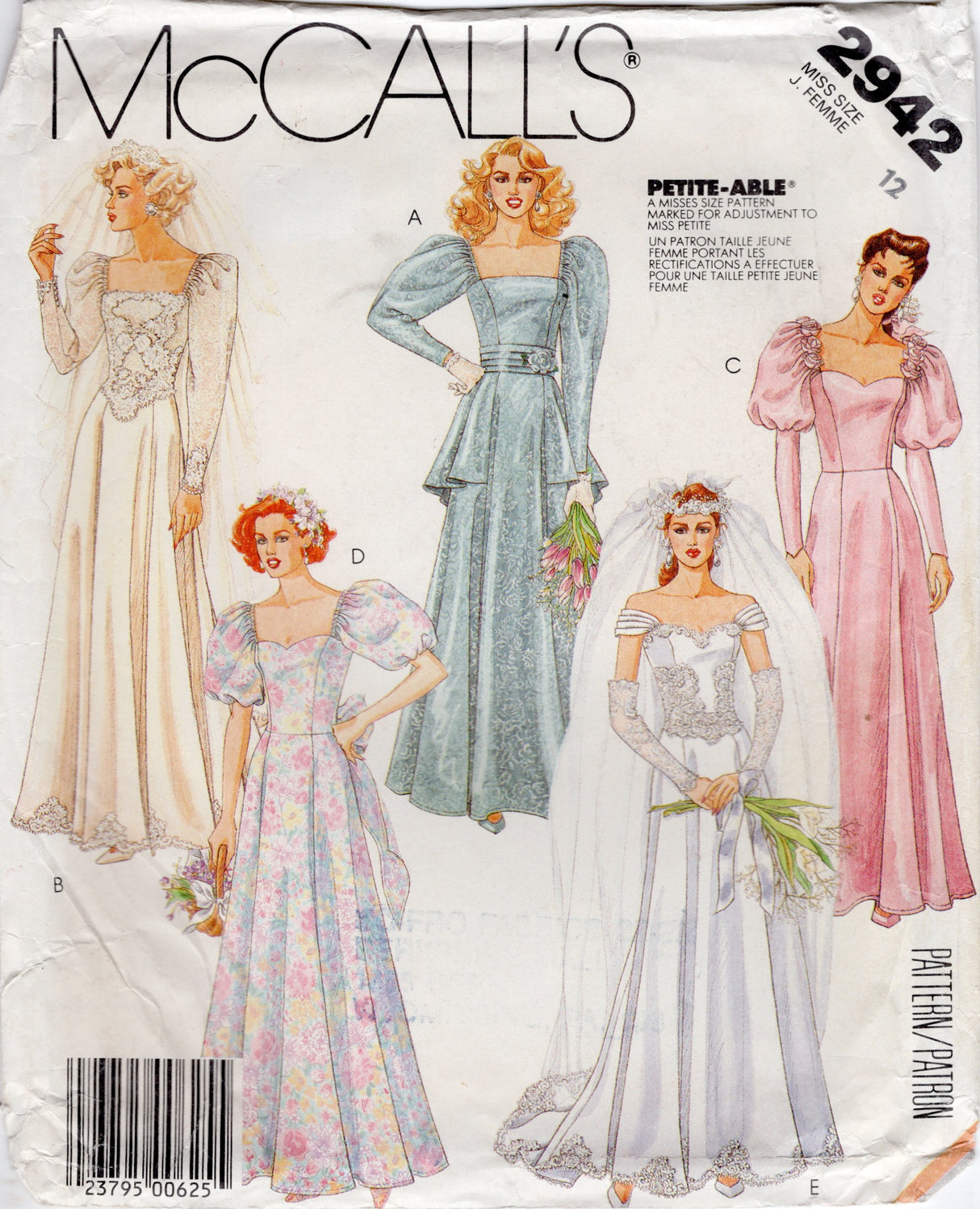 1980's McCall's Wedding Dress or Bridesmaid Dress Pattern with Puff, Leg of Mutton or Off The Shoulder Sleeves and Ruffle Collar- Bust 34" - No. 2942
