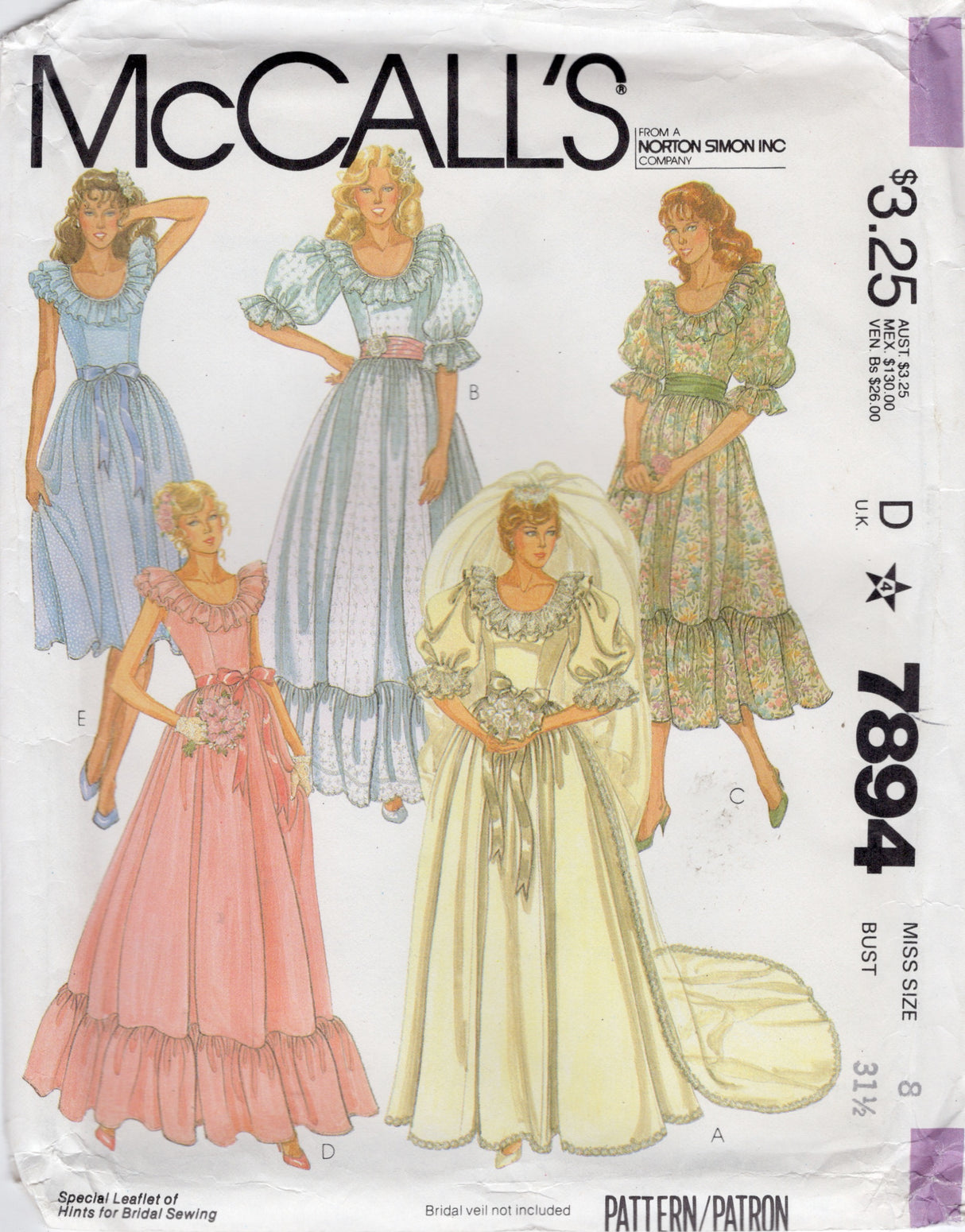1980's McCall's Wedding Dress or Bridesmaid Dress Pattern with Puff Sleeves and Ruffle Collar- Bust 31.5" - No. 7894