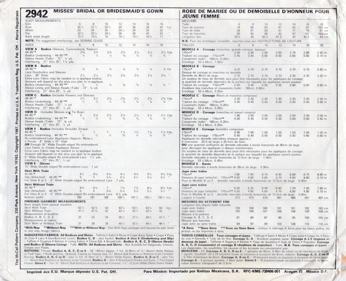 1980's McCall's Wedding Dress or Bridesmaid Dress Pattern with Puff, Leg of Mutton or Off The Shoulder Sleeves and Ruffle Collar- Bust 34" - No. 2942