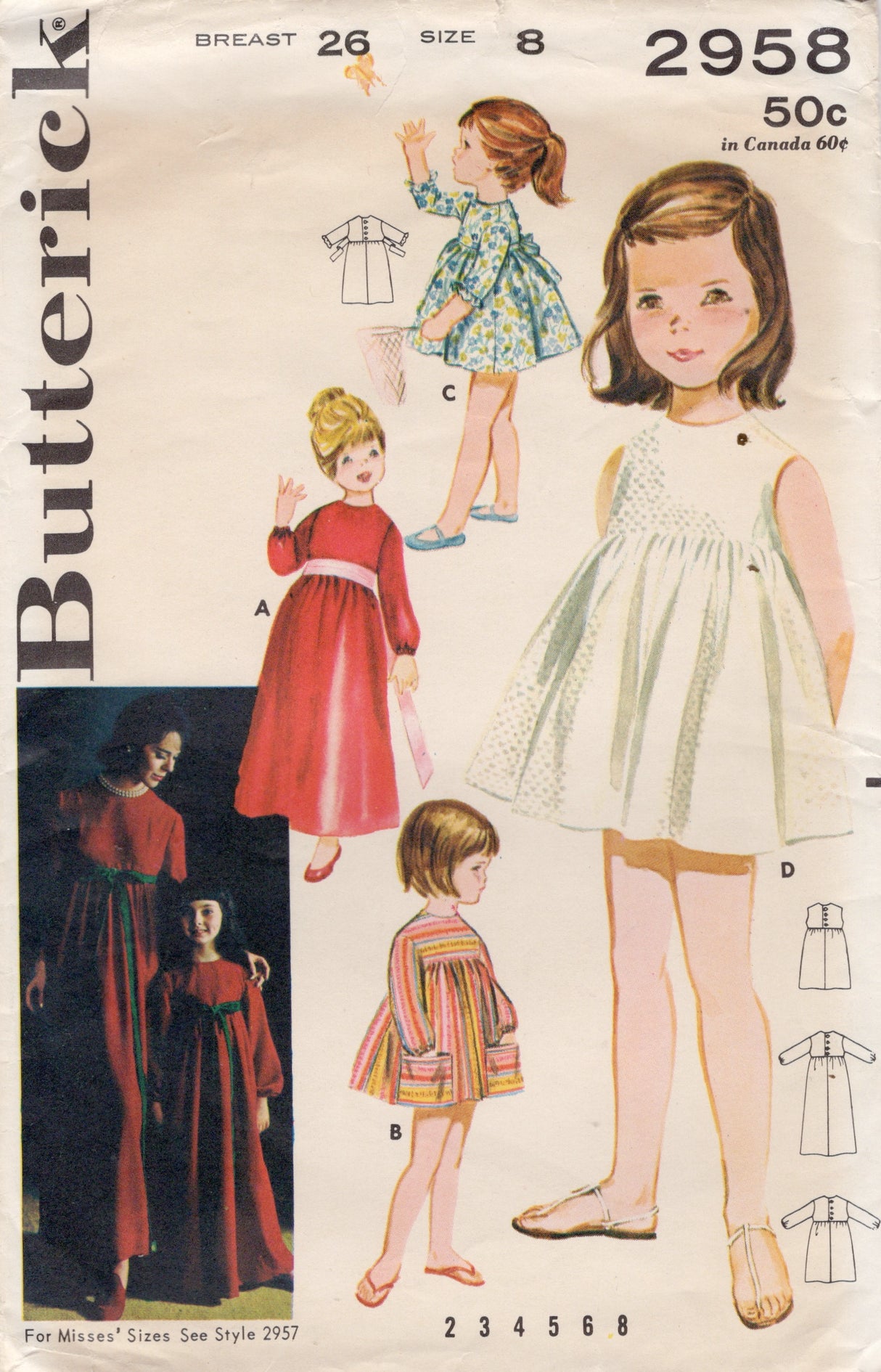1960's Butterick Child's Yoked Dress Pattern in Two Lengths - Chest 26" - No. 2958